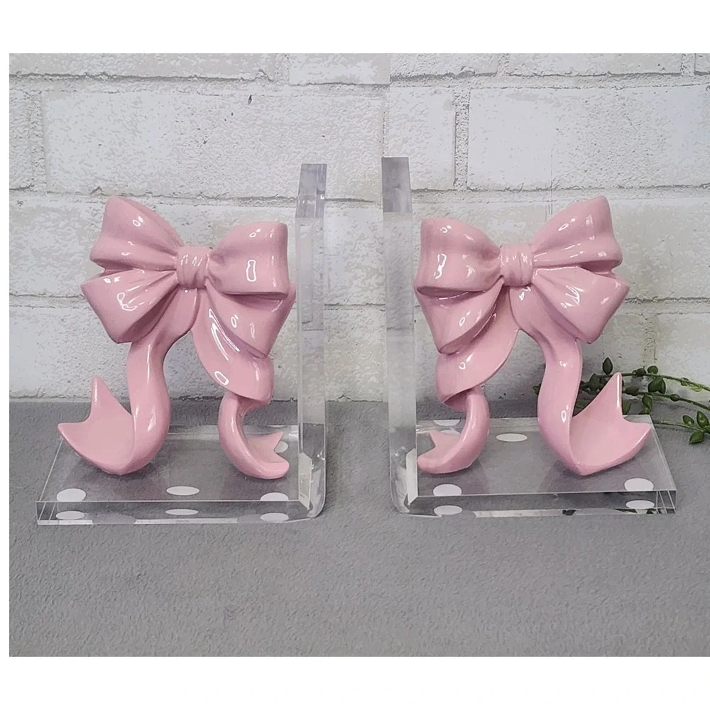 Pink Bow Bookends Coquette Bookend Acrylic Resin Girly Office Nursery 2 Pc Clear